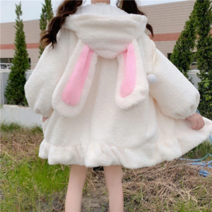 2021 women winter long sleeve fuzzy hooded jacket harajuku kawaii bunny ears zip up cardigan coat plush warm ruffles outwear