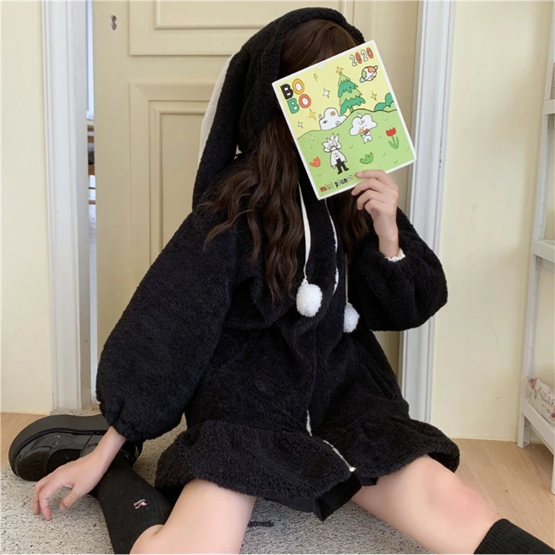 2021 women winter long sleeve fuzzy hooded jacket harajuku kawaii bunny ears zip up cardigan coat plush warm ruffles outwear