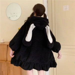 2021 women winter long sleeve fuzzy hooded jacket harajuku kawaii bunny ears zip up cardigan coat plush warm ruffles outwear