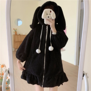 2021 women winter long sleeve fuzzy hooded jacket harajuku kawaii bunny ears zip up cardigan coat plush warm ruffles outwear