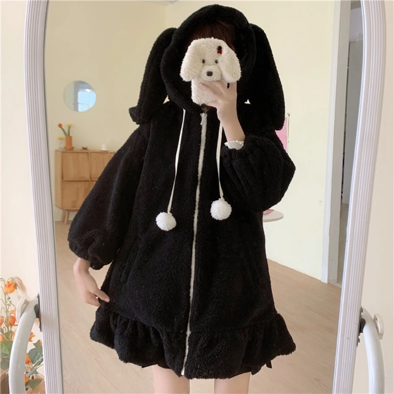 2021 women winter long sleeve fuzzy hooded jacket harajuku kawaii bunny ears zip up cardigan coat plush warm ruffles outwear