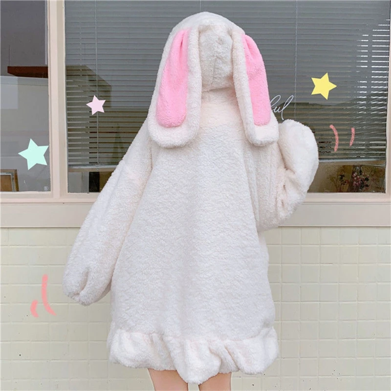 2021 women winter long sleeve fuzzy hooded jacket harajuku kawaii bunny ears zip up cardigan coat plush warm ruffles outwear