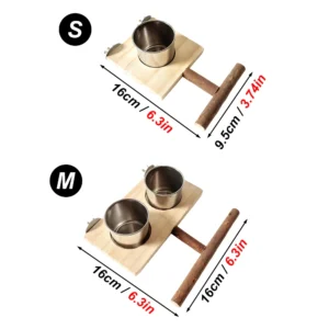 1set wood bird stand platform with single/double stainless steel feed bowl chew toy for pet bird parrot cage hanging accessories