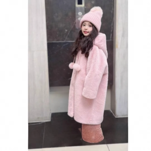 autumn winter 2025 new white faux fur children coats mid length coat fashion thick warm hooded jackets casual loose warm jacket