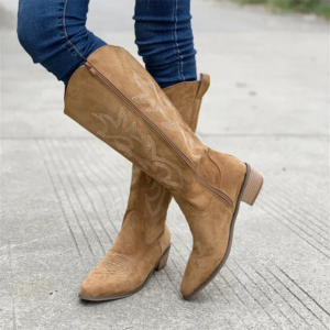 embroidered western cowboy boots for women autumn pointed toe thick heel high knee boots woman loose pu leather long botas mujer