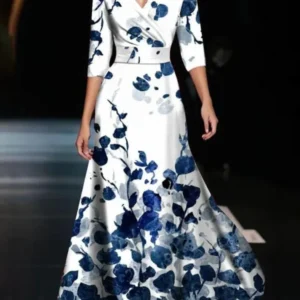 fashionable v neck three quarter sleeve dress for women spring autumn new elegant waisted floral printing casual dresses female