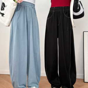 denims wide leg pants women vintage jeans elastic waist washed distressed pockets basics straight trousers 2025 streetwear