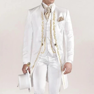 luxury embroidered men suits white fashion stand collar slim prom party outfits elegant wedding groom tailcoat 3 piece set