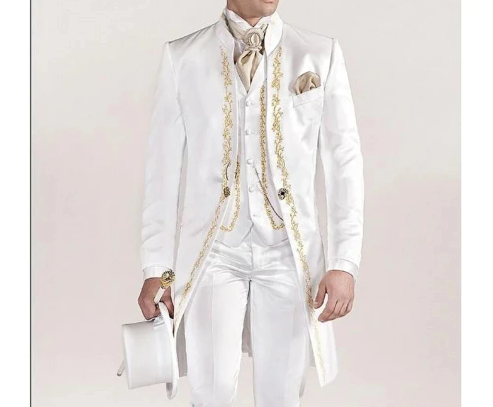 luxury embroidered men suits white fashion stand collar slim prom party outfits elegant wedding groom tailcoat 3 piece set