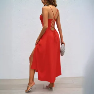 elegant feminine backless red dress 2025 summer women's fashion suspender slit long dresses party wear frock vestidos de mujer