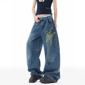 american splash ink embroidery jeans for men and women in winter design scimitar pants wide leg trousers boutique clothing