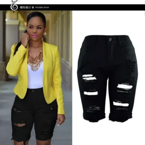 knee length washed distressed jean women ripped hole denim pants vintage solid high waist pockets distressed skinny casual