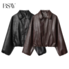 bsay artificial leather bomber jacket women's clothing autumn winte lapel long sleeved zip brown chic female pu short jacket
