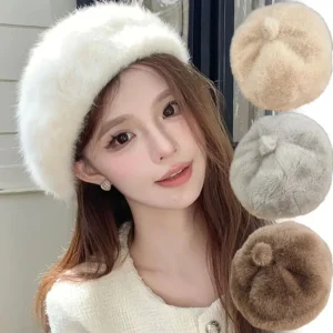 plush berets pumpkin beanie cap for women outdoor windproof octagonal cap soft fluffy painter hat imitation mink fur winter hat
