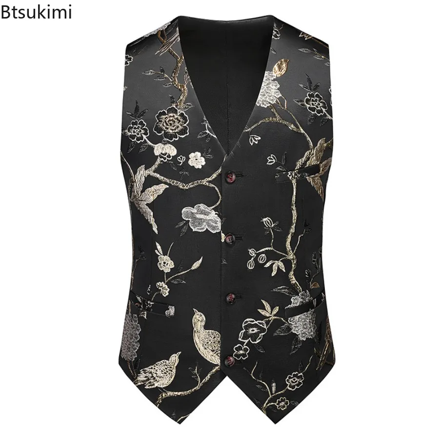 2025 luxury embroidered suit vest men's single breasted retro jacquard v neck sleeveless vest jacket fashion slim waistcoats 6xl