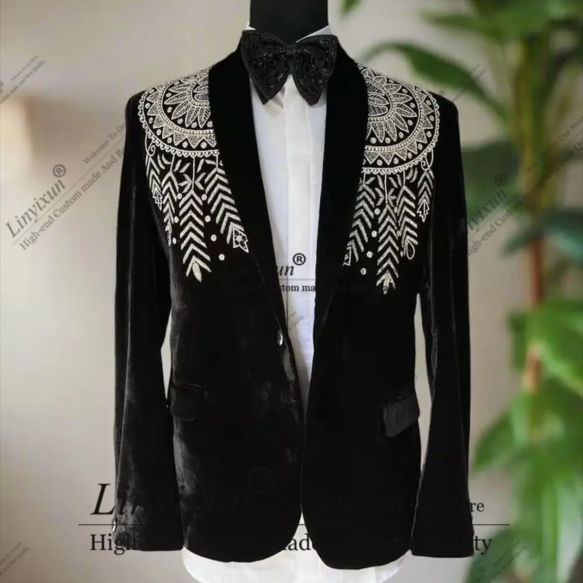 luxury embroidered style tuxedos men suits 2 pieces sets groom wedding male prom blazer customized slim fit velvet costume homme