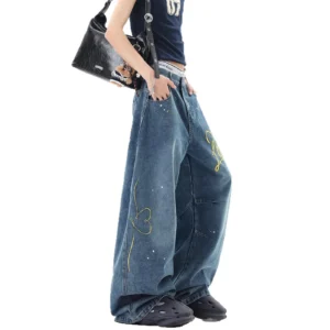 american splash ink embroidery jeans for men and women in winter design scimitar pants wide leg trousers boutique clothing