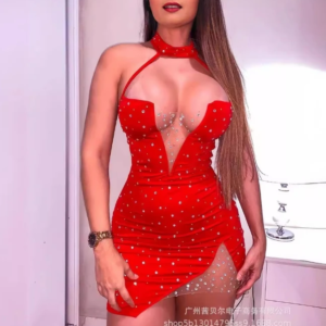 sexy beauty halter hollow out hot diamond dress temperament commuting nightclub new fashion women's sleeveless party dresses