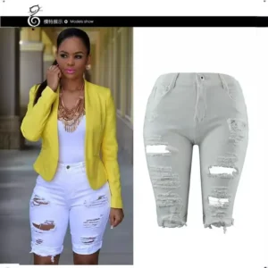 knee length washed distressed jean women ripped hole denim pants vintage solid high waist pockets distressed skinny casual