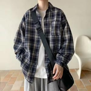 2024 new men's long sleeved trendy brand loose collar plaid shirt jacket for spring and autumn in japan and south korea.