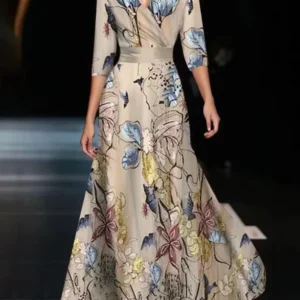 fashionable v neck three quarter sleeve dress for women spring autumn new elegant waisted floral printing casual dresses female