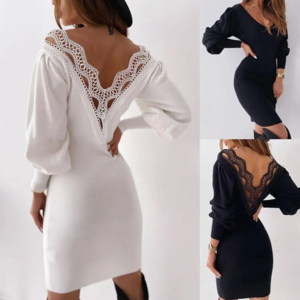 women knitted bodycon sweater dress summer female long sleeve knitwear pullover kneen length party dresses lace backless