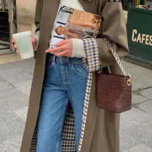 women fashion long trench coat autumn/winter lapel long sleeve single breasted coat loose solid color simple street jacket