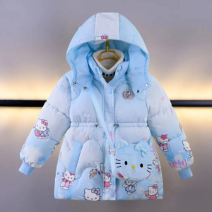 kawaii hello kitty kuromi children jacket anime fashion cute warm plush hooded thick down jacket with bag cartoon outdoor jacket