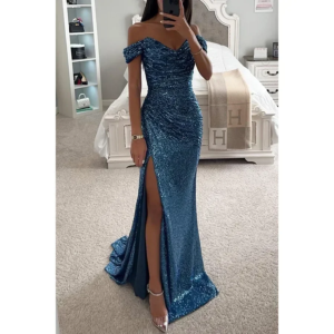 womens dresses new party sequin one line neckline slit dress casual fashion dress for women