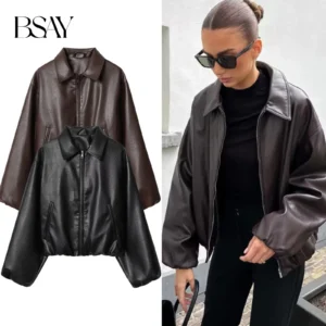 bsay artificial leather bomber jacket women's clothing autumn winte lapel long sleeved zip brown chic female pu short jacket