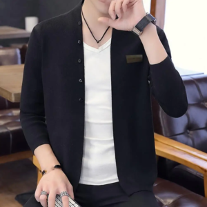 button closure men jacket men knitted cardigan stylish men's knitted cardigan coat slim fit warm stand collar badge for fall