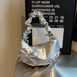 fashionable bow kawaii handbag for women with pleated shoulder straps for light travel and large capacity shoulder bag