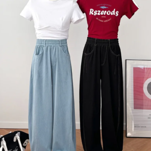 denims wide leg pants women vintage jeans elastic waist washed distressed pockets basics straight trousers 2025 streetwear