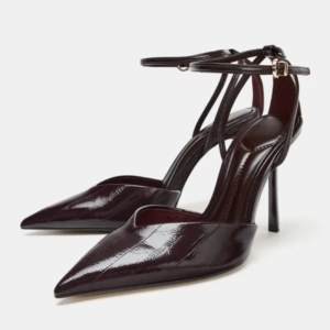 designer burgundy red ankle strap pumps women sexy pointed toe patent leather high heels for ladies elegant party dress shoes