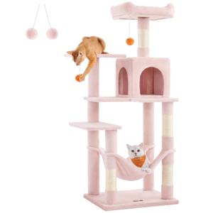 feandrea pink large multi level cat trees & scratcher with hammock luxury wood pet cat tree tower