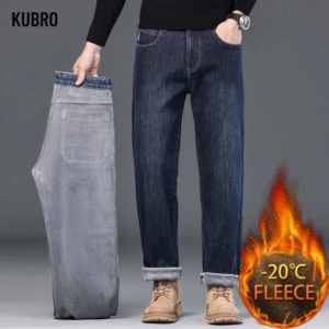 new winter men's slim fleece jeans thick elastic denim pants warm straight casual male clothes fashion plush trousers