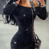 women's dress elegant fashion glitter rhinestone buckled design one shoulder long sleeve bodycon dress slim fit party mini dress