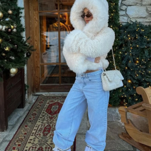 solid white faux fur short coat women casual lapel full sleeves loose thicken hooded coat 2025 lady winter daily street wear new