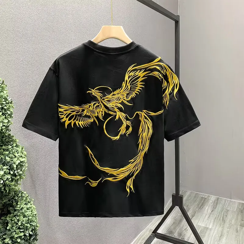 lovers embroidered phenix summer t shirt 2025 new men cotton t shirt students casual tee short sleeves top loose t shirt 4xl