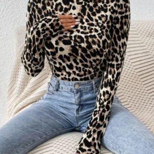 sexy tight women's bodysuits women's small stand collar long sleeve fashion leopard print tight girly style bodysuit top