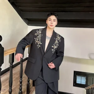 high end sequins three dimensional embroidered suit jacket men's 2024 handsome trendy versatile loose casual light luxury jacket