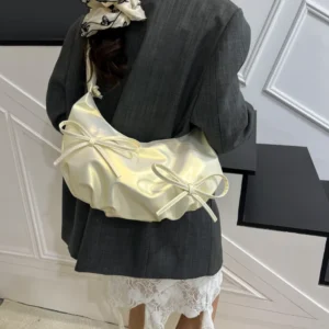 fashionable bow kawaii handbag for women with pleated shoulder straps for light travel and large capacity shoulder bag