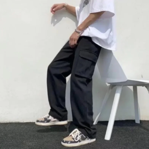 black/white casual pants men's fashion loose straight wide leg pants men streetwear hip hop pocket cargo pants mens trousers