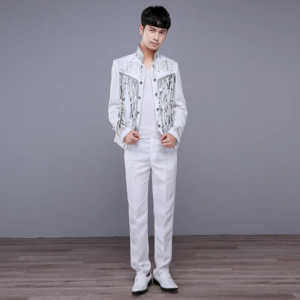 (jacket + pant) fashion men vintage court luxury embroidered suits singer host bar stage performance sequined blazerand trouser