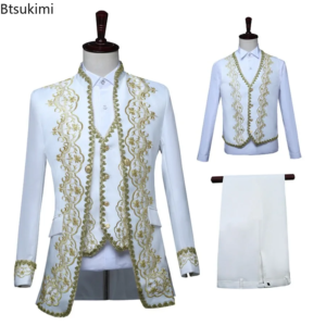 new men's luxury gold encrusted retro court tuxedo 3 piece sets fashion stand collar embroidered sets opera house stage costumes