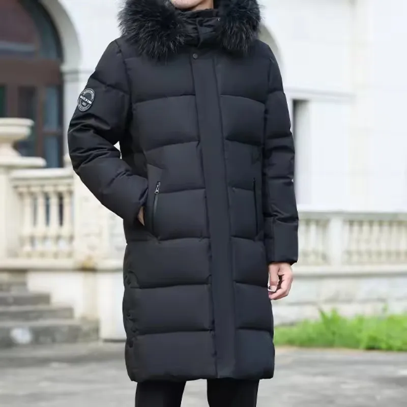 winter fur collar down jacket men's luxury business thickened warm white duck down coat men casual long cold proof hooded parka