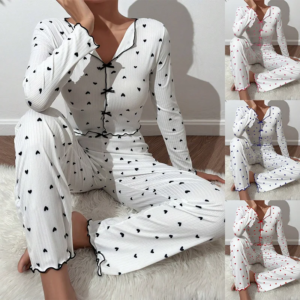 2 piece sets women pajamas suit top pants ensemble sleepwear heart print bow loungewear female autumn outfits nightwear 2025