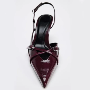 high quality burgundy patent leather high heels women elegant pointed toe thin high heeled sandals fashion banquet evening shoes