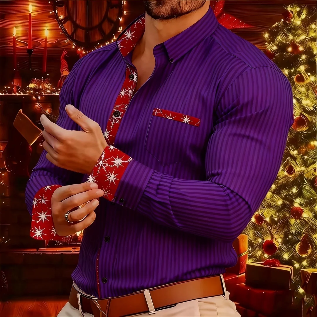 2026 new christmas men's shirt buttoned casual shirt long sleeve series embroidered patchwork shirt daily casual wear