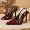 luxury patent leather burgundy women pumps sexy pointy toe strap buckle design elegant backless heels ladies party designer shoe